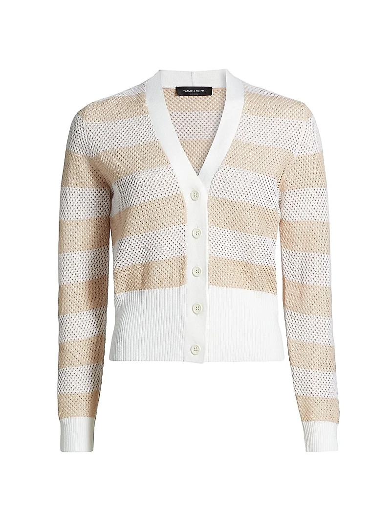 Striped Wool-Cotton Mesh Cardigan