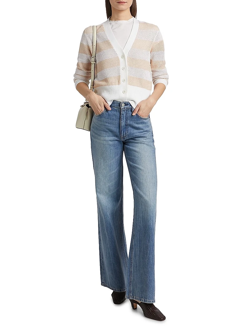 Striped Wool-Cotton Mesh Cardigan