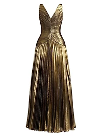 Pleated Metallic Chiffon Gown