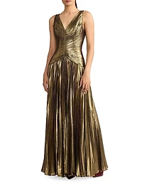 Pleated Metallic Chiffon Gown