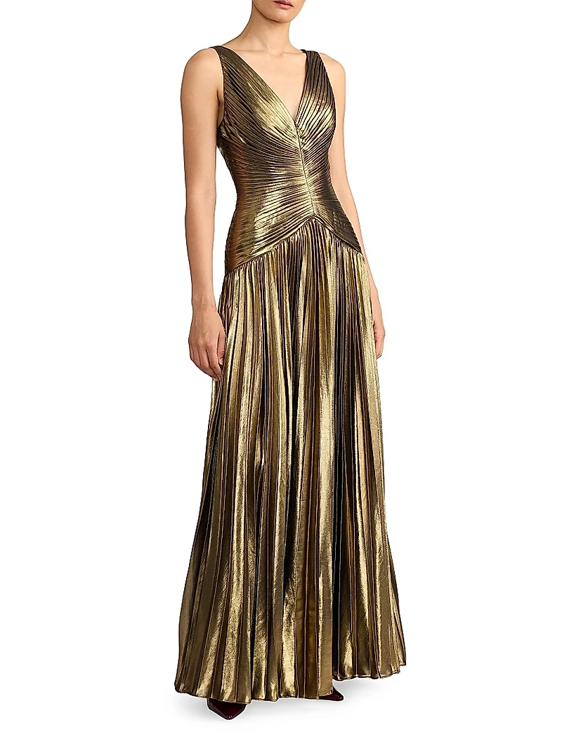 Pleated Metallic Chiffon Gown