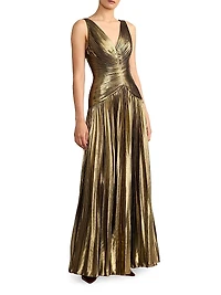 Pleated Metallic Chiffon Gown