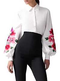 Embroidered Puff Sleeve Button-Front Shirt