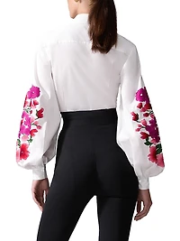 Embroidered Puff Sleeve Button-Front Shirt