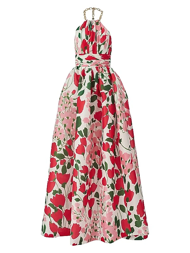 Floral Silk Chain Halter Gown