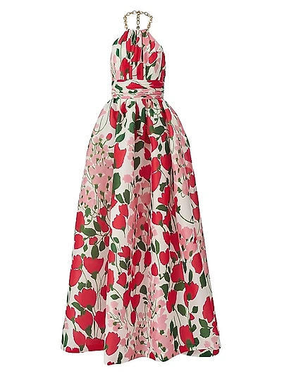 Floral Silk Chain Halter Gown