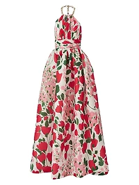 Floral Silk Chain Halter Gown
