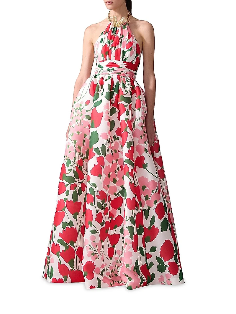 Floral Silk Chain Halter Gown