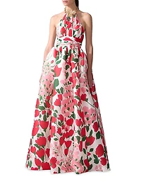 Floral Silk Chain Halter Gown
