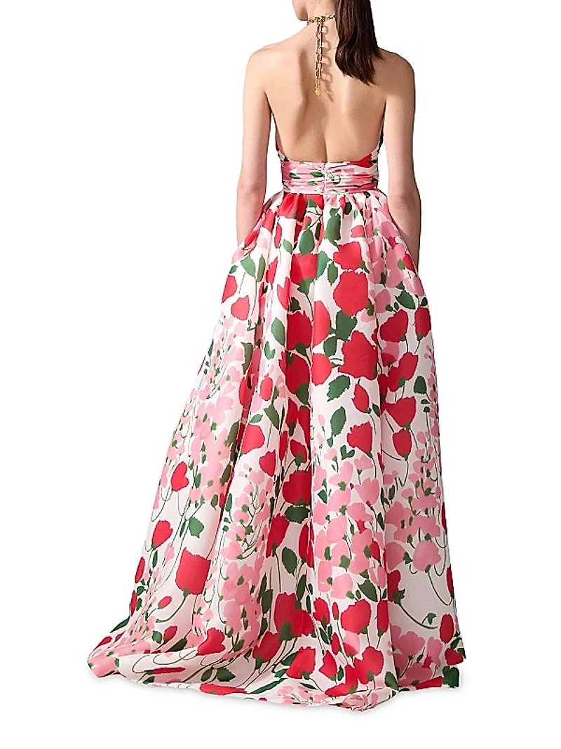 Floral Silk Chain Halter Gown