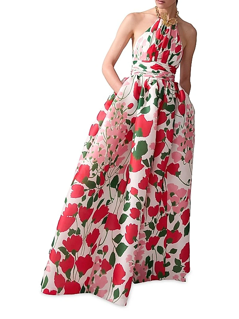 Floral Silk Chain Halter Gown