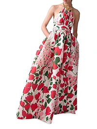 Floral Silk Chain Halter Gown