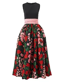 Floral Silk Two-Tone Cummerbund Waist Midi-Dress