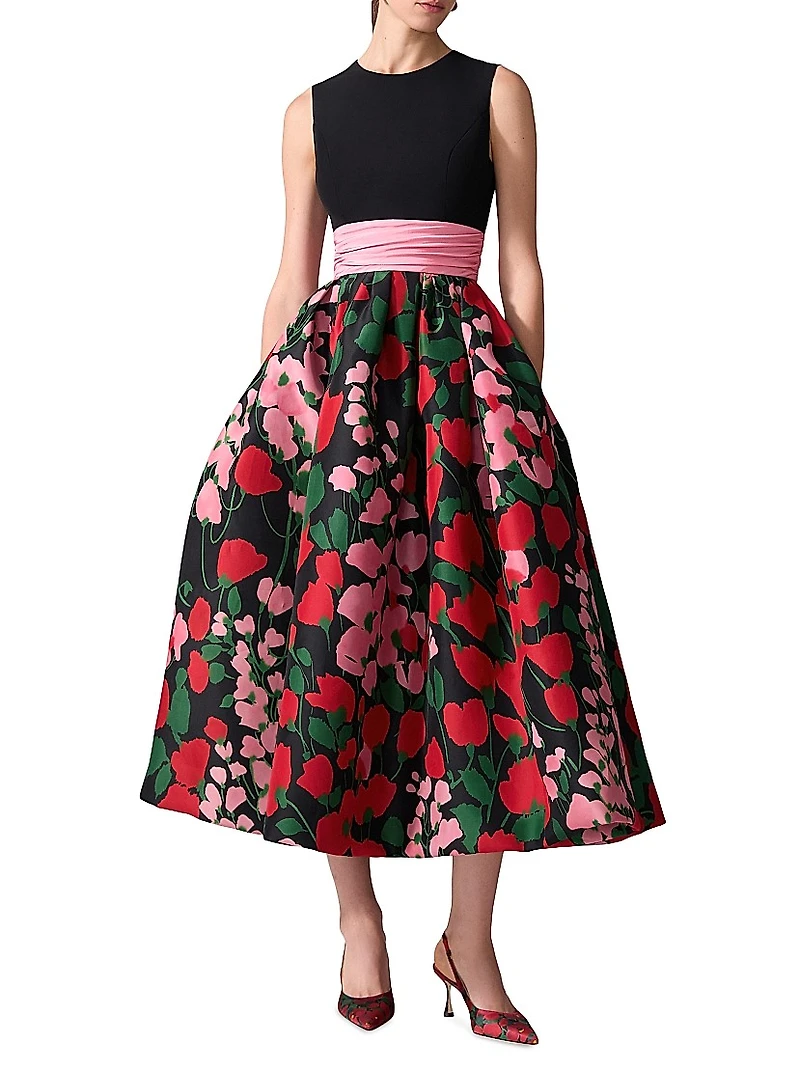 Floral Silk Two-Tone Cummerbund Waist Midi-Dress