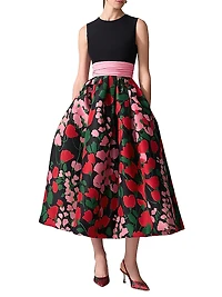 Floral Silk Two-Tone Cummerbund Waist Midi-Dress