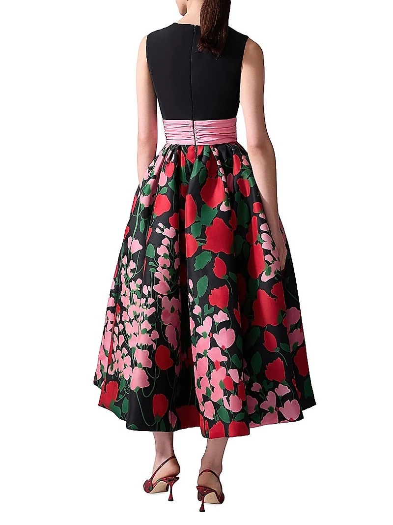 Floral Silk Two-Tone Cummerbund Waist Midi-Dress
