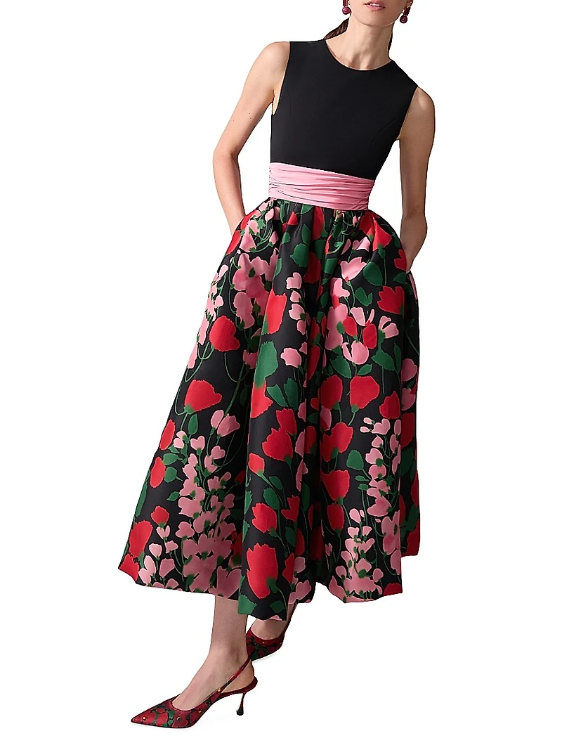 Floral Silk Two-Tone Cummerbund Waist Midi-Dress
