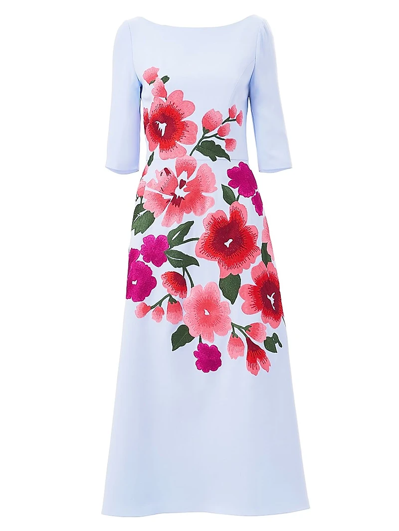 Embroidered Boatneck Elbow-Sleeve Midi-Dress