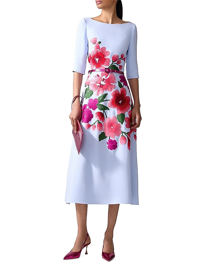 Embroidered Boatneck Elbow-Sleeve Midi-Dress