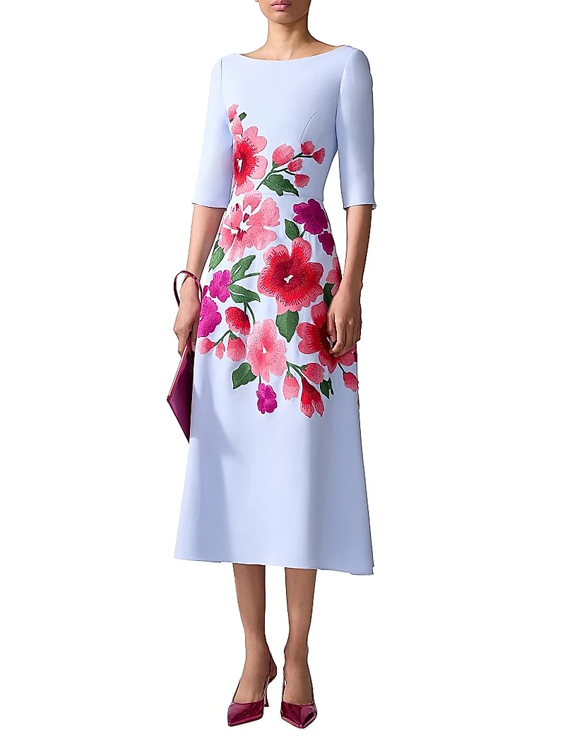 Embroidered Boatneck Elbow-Sleeve Midi-Dress