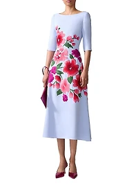 Embroidered Boatneck Elbow-Sleeve Midi-Dress