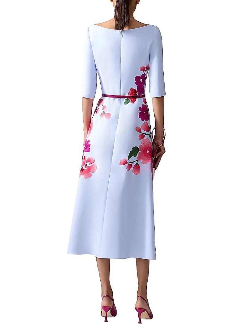Embroidered Boatneck Elbow-Sleeve Midi-Dress