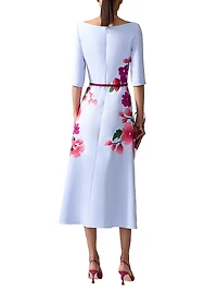 Embroidered Boatneck Elbow-Sleeve Midi-Dress