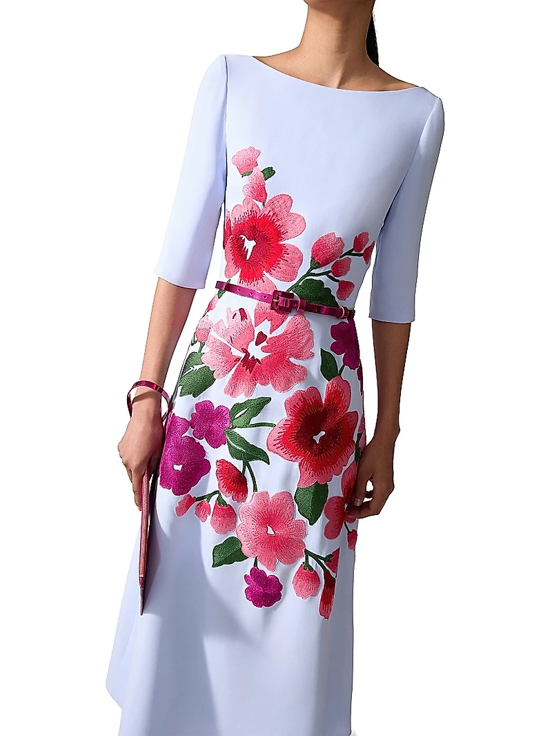 Embroidered Boatneck Elbow-Sleeve Midi-Dress