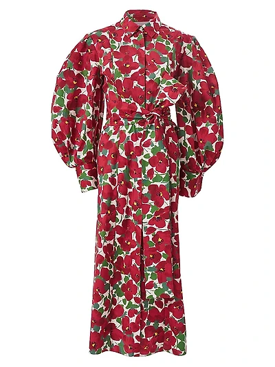 Floral Puff-Sleeve Column Shirtdress