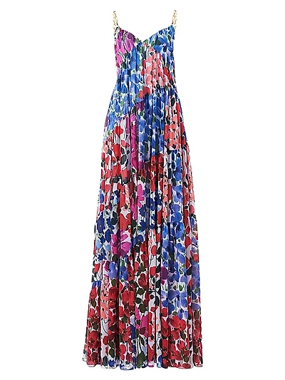 Floral Pleated Asymmetric Seam Maxi Dress