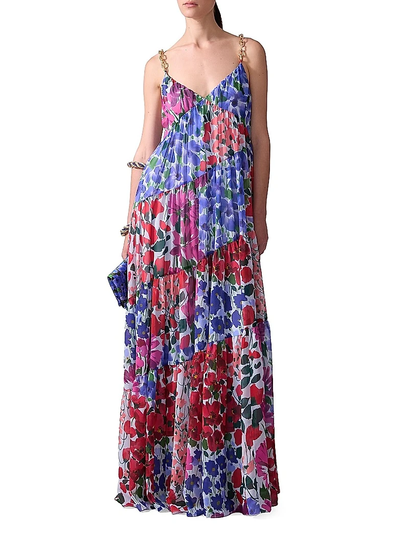 Floral Pleated Asymmetric Seam Maxi Dress