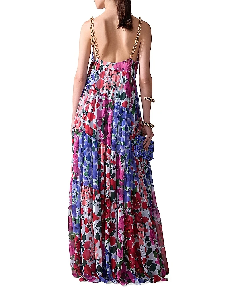 Floral Pleated Asymmetric Seam Maxi Dress