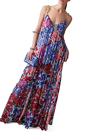 Floral Pleated Asymmetric Seam Maxi Dress