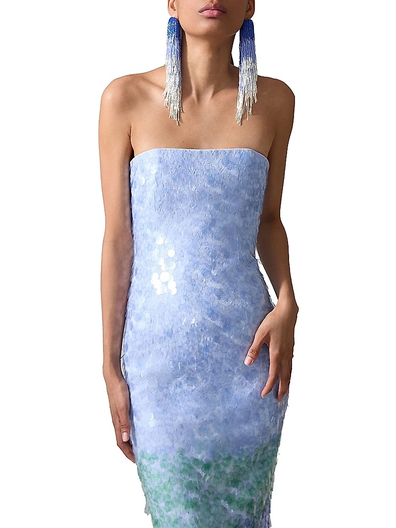 Ombré Sequined Strapless Midi-Dress
