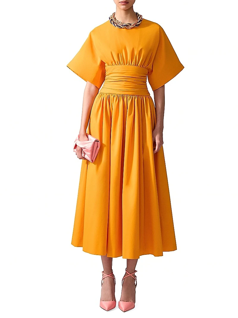 Cotton-Blend Cummerbund Waist Midi-Dress