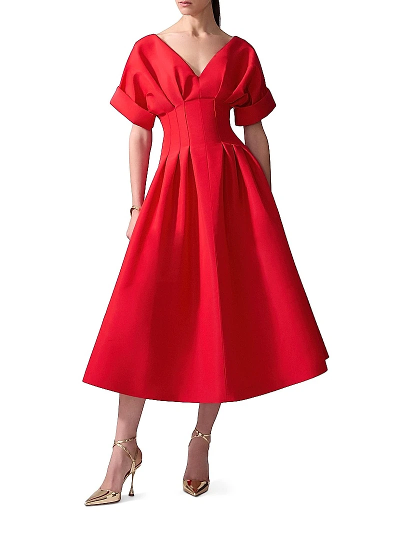 Gathered Silk V-Neck Cocktail Dress