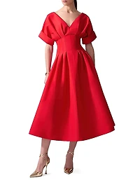 Gathered Silk V-Neck Cocktail Dress