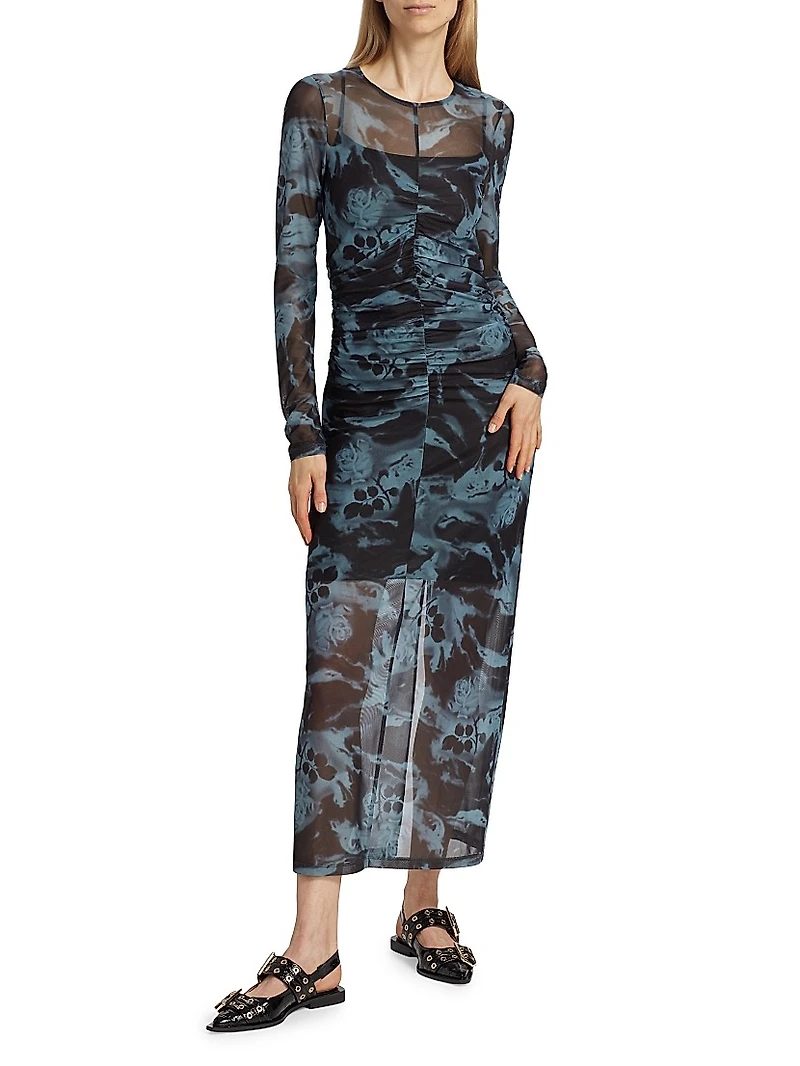 Printed Mesh Ruched Maxi Dress