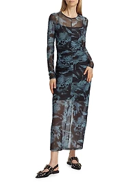 Printed Mesh Ruched Maxi Dress