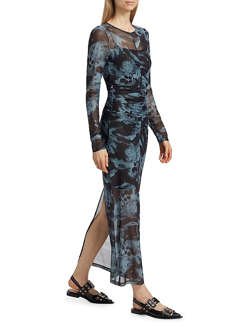 Printed Mesh Ruched Maxi Dress