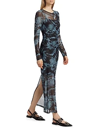 Printed Mesh Ruched Maxi Dress