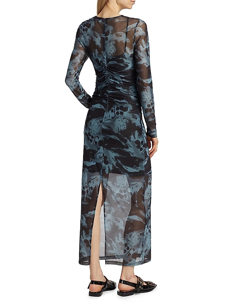 Printed Mesh Ruched Maxi Dress