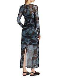 Printed Mesh Ruched Maxi Dress