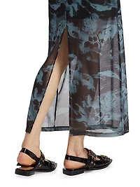 Printed Mesh Ruched Maxi Dress