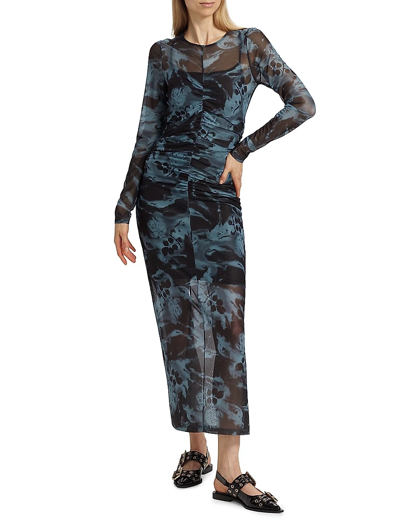 Printed Mesh Ruched Maxi Dress