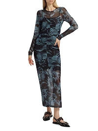 Printed Mesh Ruched Maxi Dress