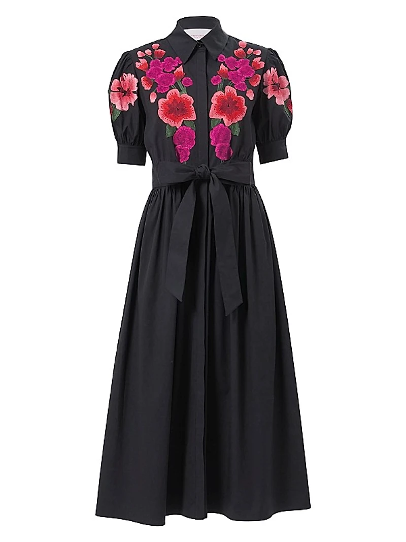 Embroidered Floral Tie-Waist Shirtdress
