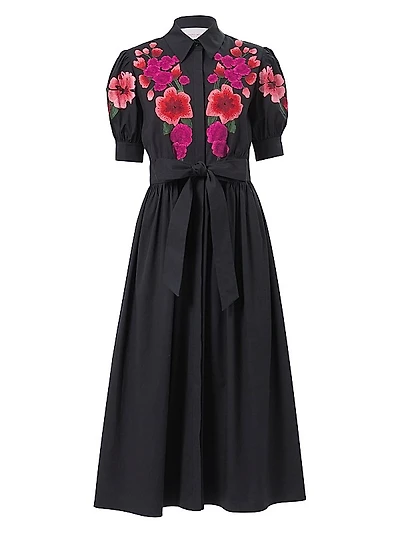 Embroidered Floral Tie-Waist Shirtdress