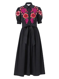 Embroidered Floral Tie-Waist Shirtdress