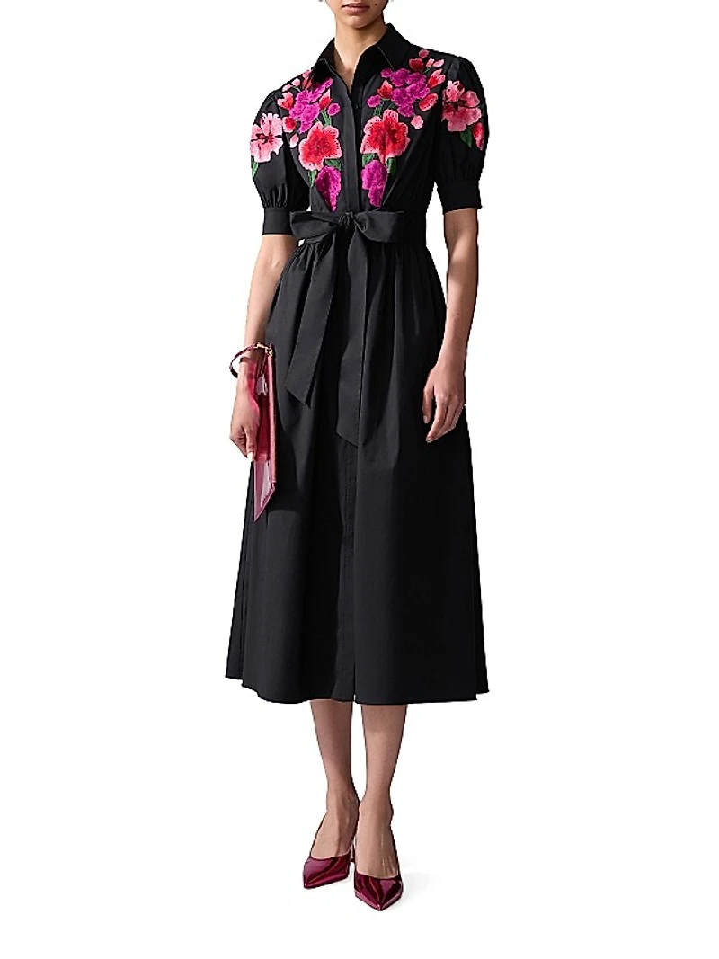 Embroidered Floral Tie-Waist Shirtdress